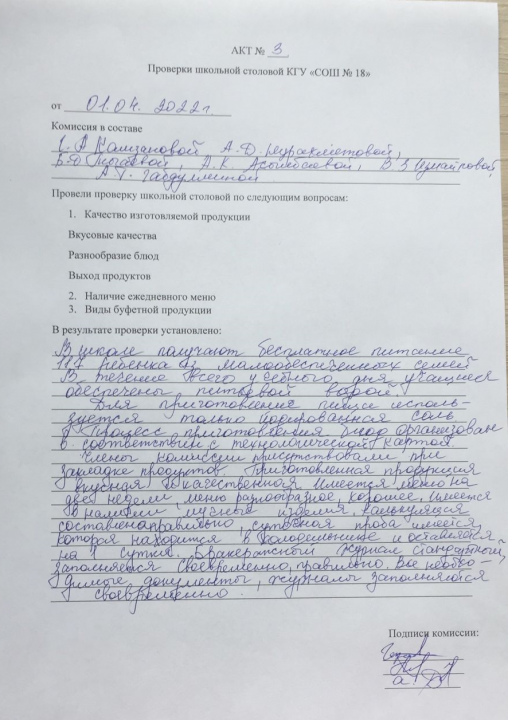 АКТ проверки школьный столовый