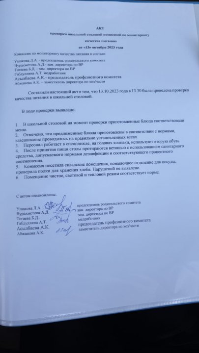 Акт проверки школьной столовой