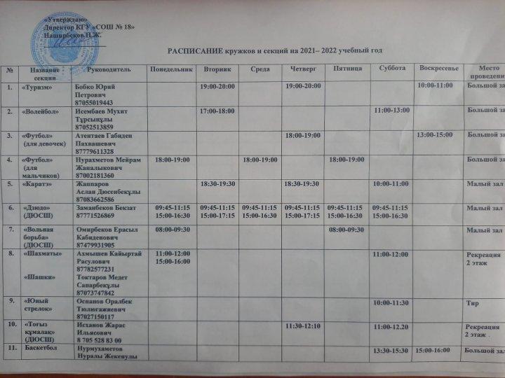 Расписание кружков и секций на 2021 - 2022 учебный год
